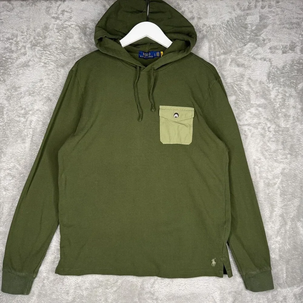 Polo Ralph Lauren Hoodie Mens Large Waffle Knit Olive Green Logo Drawstring Pony